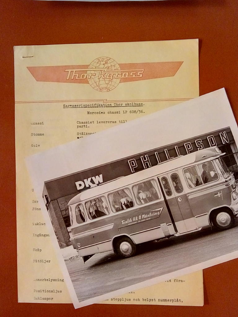 Thor Kaross : Specifikation med foto på Mercedes Benz LP-608 Trafik AB O. Müntzing Askersund