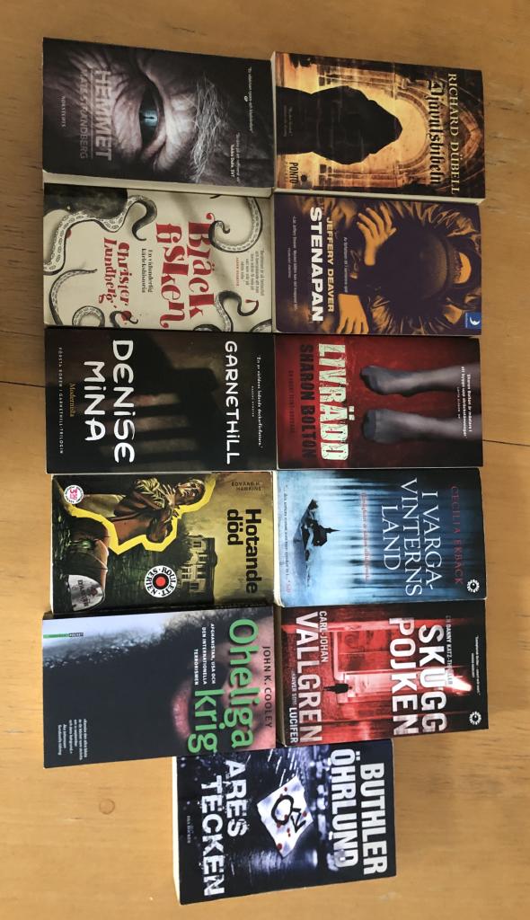 Hemmet. Bläckfisken. Garnethill. Hotande död. Oheliga krig. Ares tecken. Skuggpojken. I varga vinterns land. Livrädd. Stenapan. Djävulsbibeln.