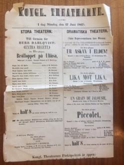 Affisch för de "Kongl. Theatrarne" Måndag den 17 juni 1867.