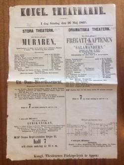 Affisch för de "Kongl. Theatrarne" Söndag den 26 maj 1867.
