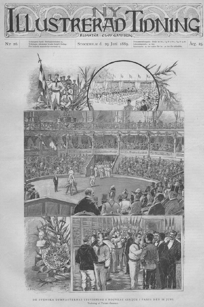 Träsnitt ”Svenska gymnaster i Paris” ur tidskrift från 1889