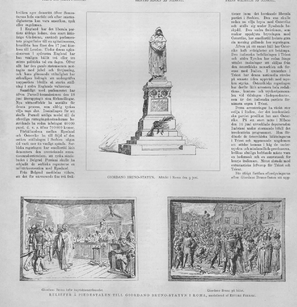 Träsnitt ”Giordano Bruno-statyn i Rom” ur tidskrift från 1889