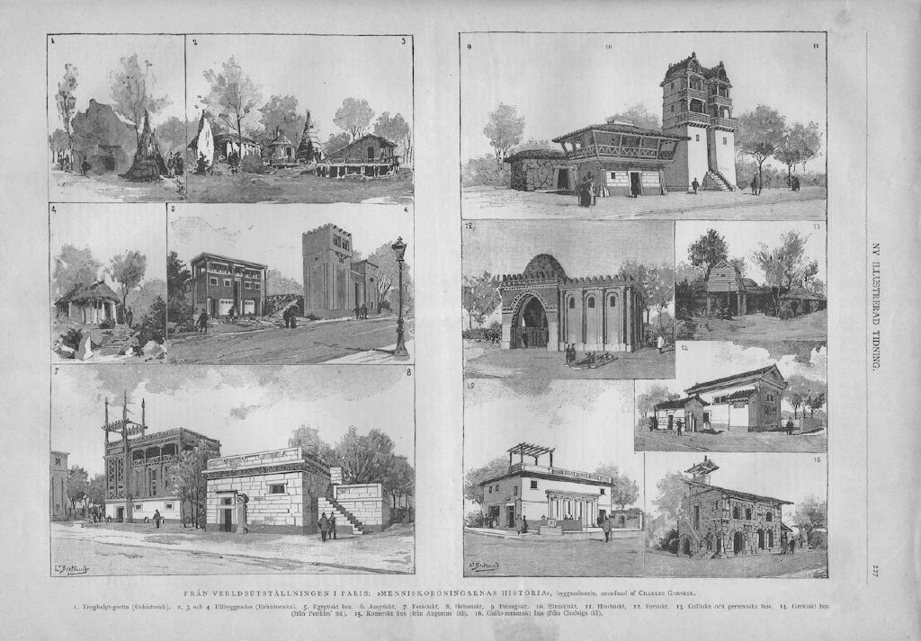 Träsnitt ”Menniskoboningarnas historia” ur tidskrift från 1889
