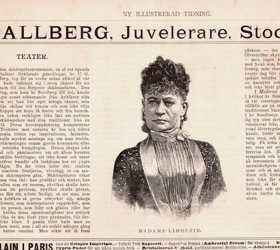 Träsnitt ”Skandalkvinnan Limouzin” ur tidskrift från 1889