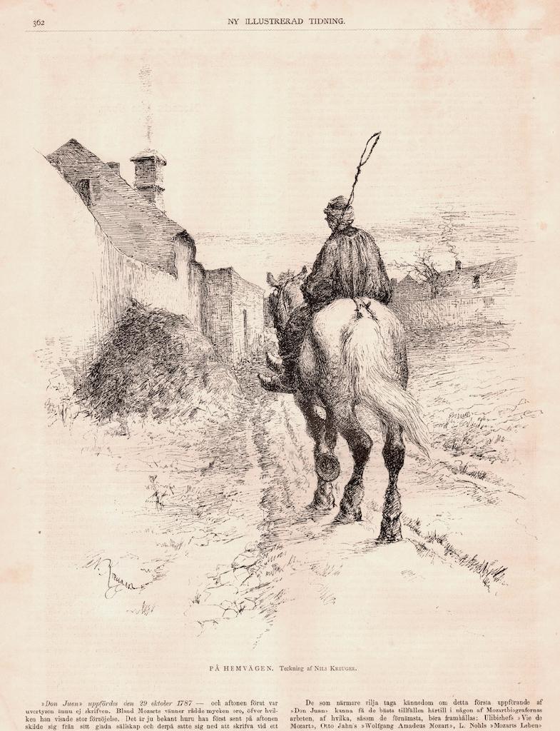 Träsnitt ”Ryttare på hemväg” ur tidskrift från 1889