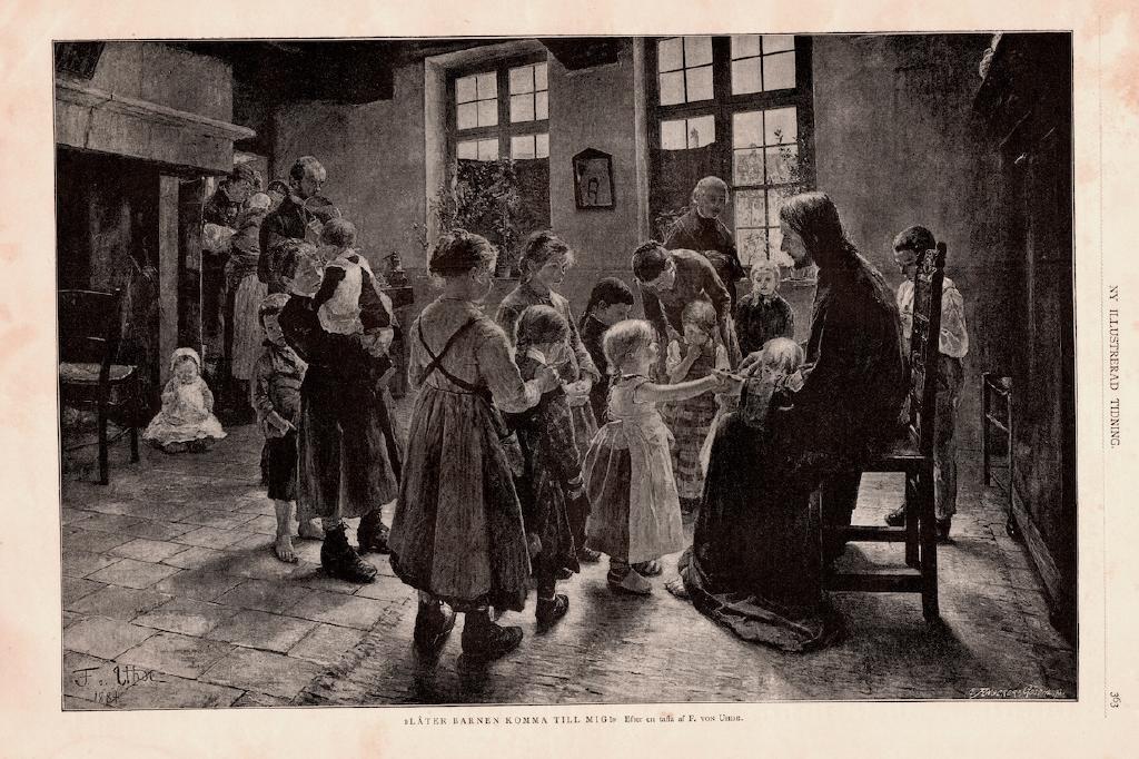 Träsnitt ”Helare tar emot barn” ur tidskrift från 1889
